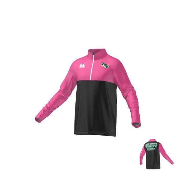 The Teamatical LAKE COUNTY LADY YOTES ECO-SUBLIMATE Q-ZIP MIDLAYER is a long-sleeve jacket with a pink top, black bottom, logo on the chest, and green and white text on the back.