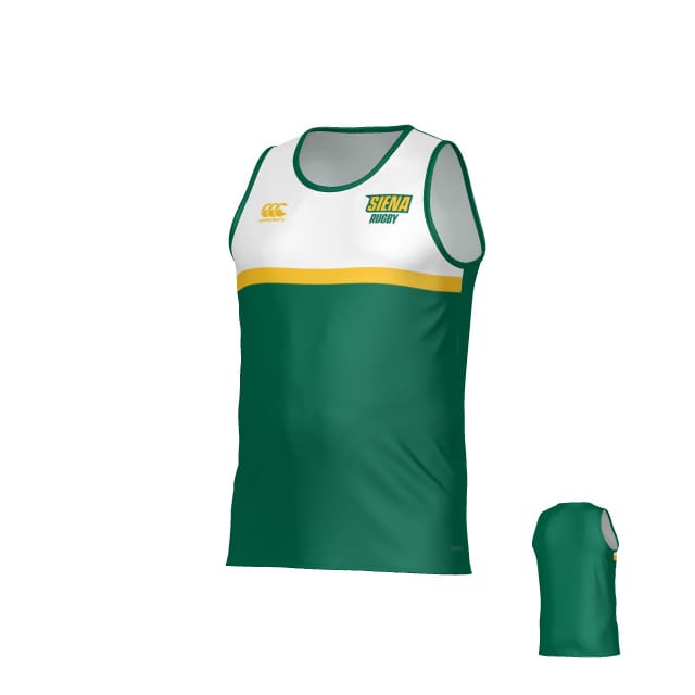The Teamatical Siena College Canterbury Performance Singlet is a green and white sleeveless sports jersey with a yellow stripe and "SIENA RUGBY" logo on the chest, shown from front and back.