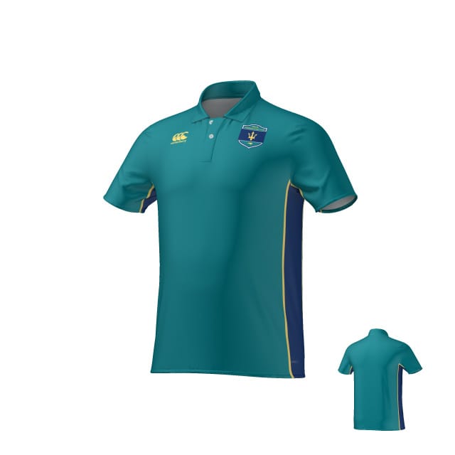 UNCW Women's Rugby Canterbury Performance Polo by Teamatical—teal short-sleeve shirt with yellow accents, front chest logo, right shoulder logo, and back view shown.