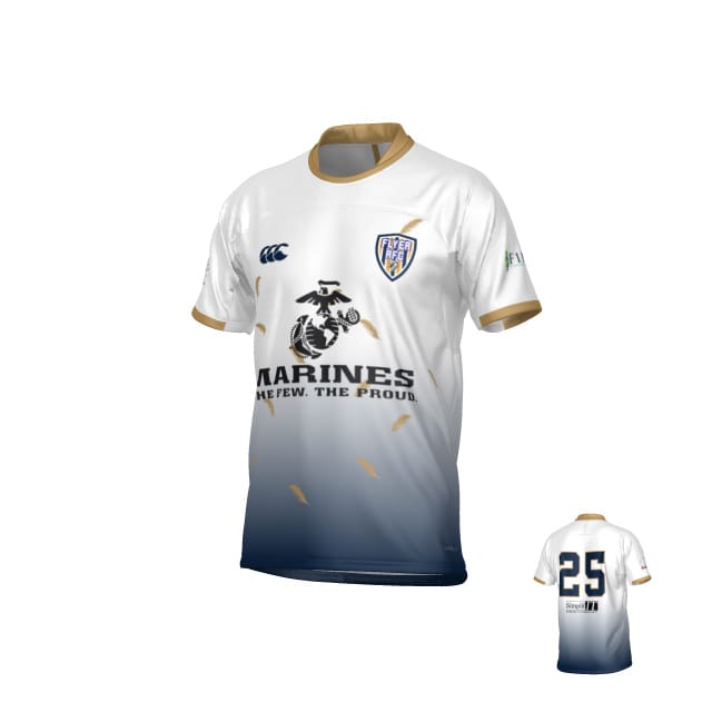 The Teamatical Franklin County High School CANTERBURY RAGLAN RAIONA REGULAR JERSEY is a white and navy sports jersey with gold accents, featuring the "MARINES" logo and number 25 on the back.