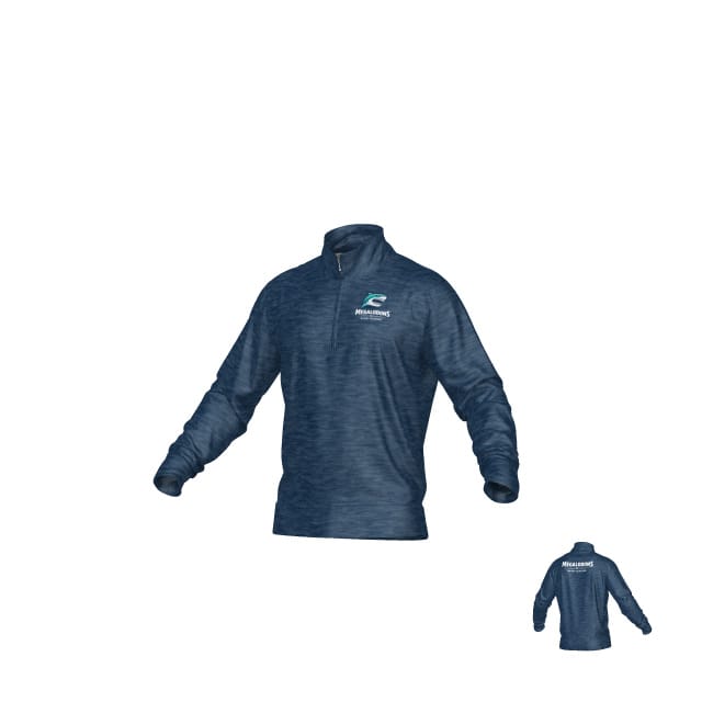 Teamatical NC Megalodons DNA Denver 1/4 Zip moisture-wicking blue pullover with front and back views, featuring logo on the left chest.