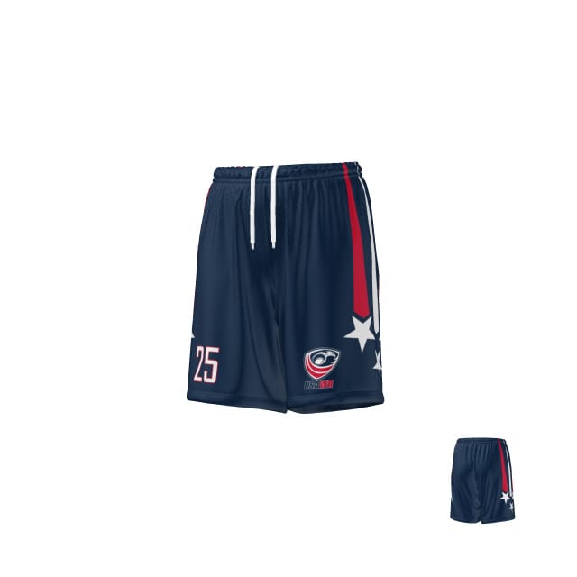 Teamatical USAWR MATCH SHORTS - WMNS: Navy blue athletic shorts with red and white accents, number 25, a logo, and star designs on the side.