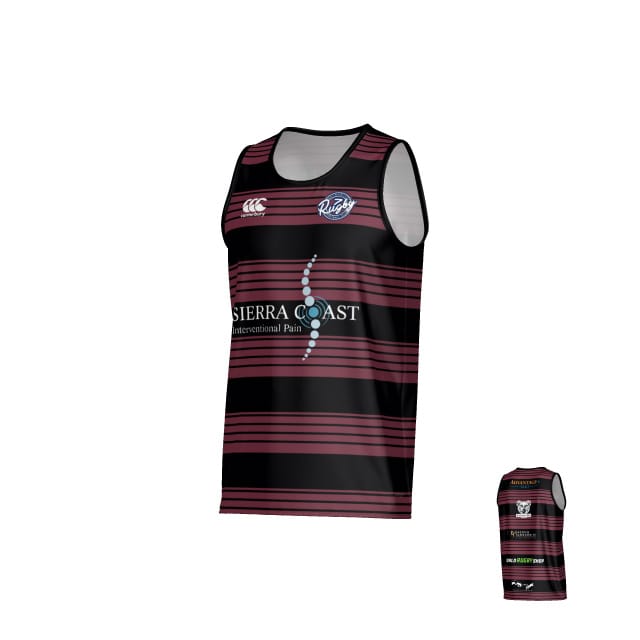 The Teamatical Sacramento RFC 7s Singlet features maroon and black horizontal stripes, sponsor logos on the front, a team logo on the upper left chest, and additional logos on the back.