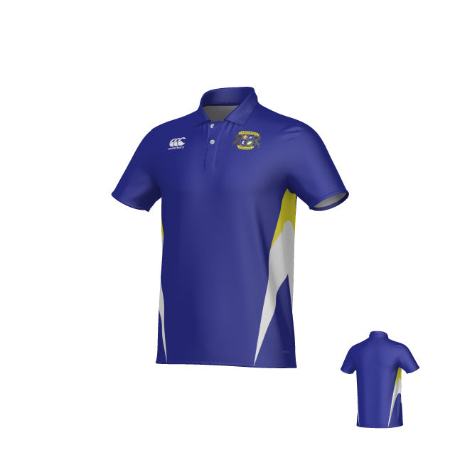 Winchester Cannons Canterbury Hunter Performance Polo by Teamatical features blue short sleeves, yellow and white accents, a collared neckline, and an embroidered emblem on the left chest. Back view is displayed in the lower right corner.
