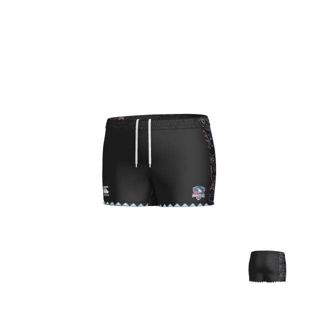 Teamatical SWFL Lady Hammerheads Sublimated Women's Yokohama Shorts feature a drawstring waistband, tribal side patterns, and a logo on the left leg; shown in both front and back views.