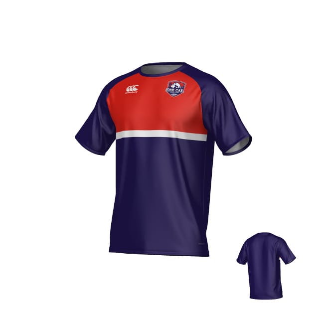 The Teamatical CenCal Rugby Canterbury Legacy Performance Tee features short sleeves, a red and navy color scheme, a white stripe across the chest, and the team logo on the front left side.