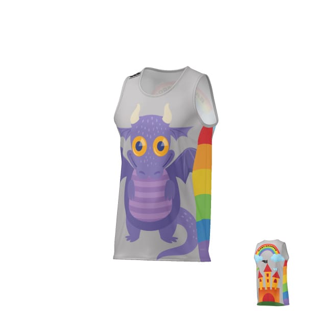 The Teamatical Baby Dragon OG Fairy Castle Canterbury Singlet is a sleeveless shirt with a cartoon purple dragon on the front and a rainbow with a castle on the back.