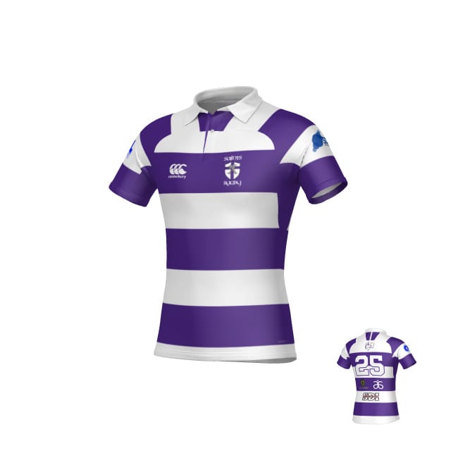 The Teamatical St. Augustine Canterbury Kaha Test Alt Jersey - Mens features purple and white stripes, a collar, team crest, front and sleeve logos, with the number 25 and more logos on the back.