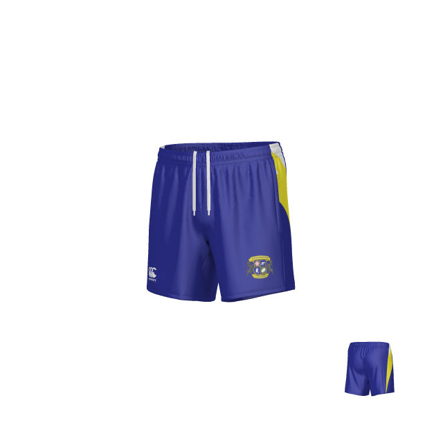 Winchester Cannons Canterbury Hunter Zipper Pocket Gym Shorts by Teamatical, featuring blue fabric with a yellow accent, white drawstring, and the Winchester Cannons team logo on the left leg. A smaller image in the bottom right corner shows the rear view of the shorts.