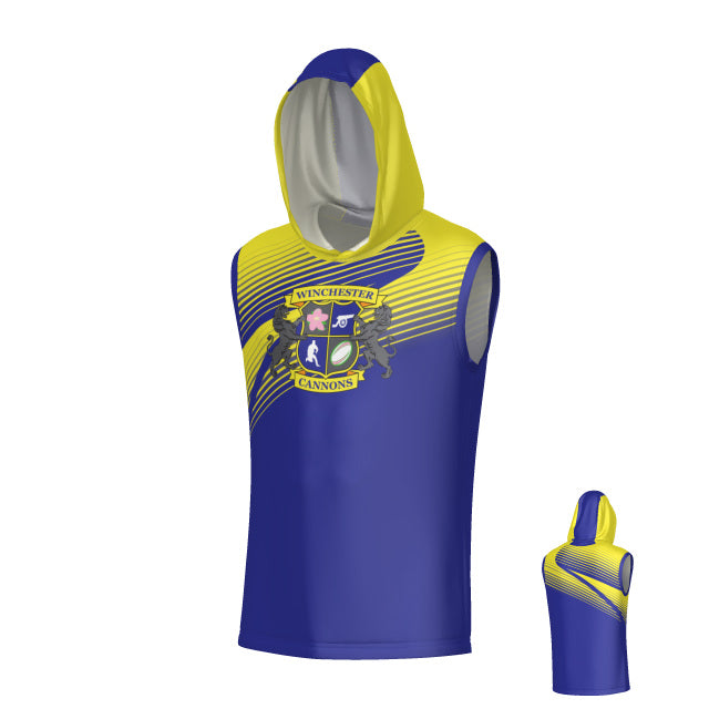 Winchester Cannons Phoenix Sleeveless Tee by Teamatical in blue and yellow, featuring a "WINCHESTER CANNONS" crest on the chest; displayed from both front and back views.
