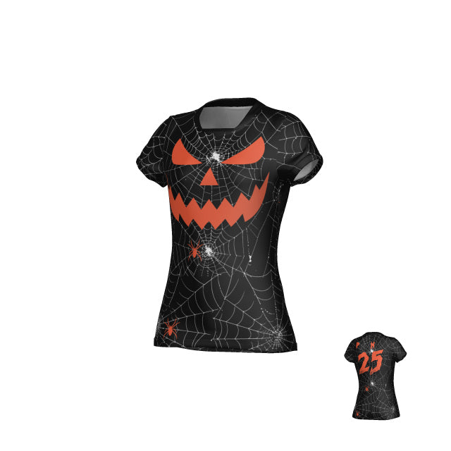 The Teamatical WRS WOMENS PRO JERSEY - SPIDERWEBS is a customizable women’s rugby jersey featuring bold orange jack-o’-lantern face, spiderweb, and spider graphics on the front, with the number 25 in orange on the back. Crafted from moisture-wicking fabric for all-day comfort, this jersey combines festive style with practical performance.
