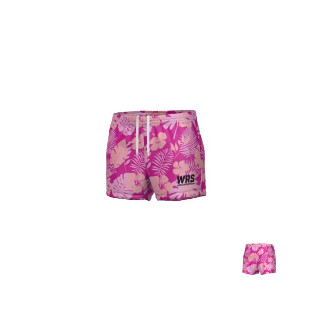 The Teamatical WRS WOMENS PRO SHORT - HAWAIIAN features a pink floral design, white drawstrings, and a "WRS" logo on the left leg, displayed in two sizes against a white background.