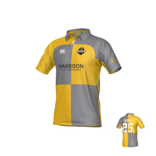 The Chicago Riot Canterbury Kaha Regular Jersey - Harlequin by Teamatical features yellow and gray blocks, a team logo on the chest, "HARRISON PLAYGROUNDS" sponsor, and player number 25 on the back.