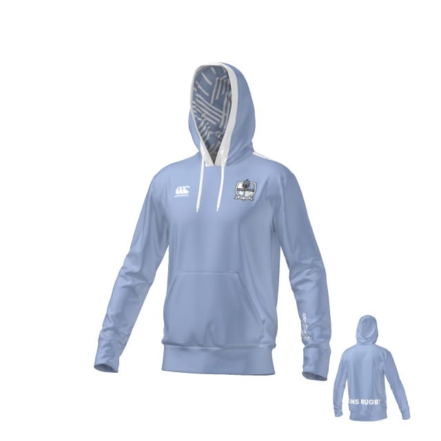 The Austin Huns CANTERBURY ECO-SUBLIMATE HOODIE by Teamatical is a light blue hoodie with front pocket, white drawstrings, and printed logos on the front and sleeve; back view included.