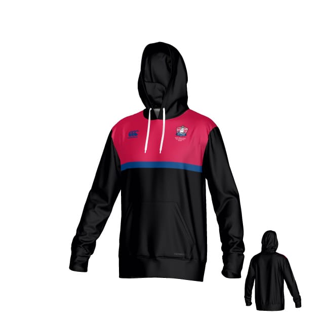 The Portland RFC Canterbury Legacy Performance Hoodie by Teamatical features a black body, pink upper section, blue chest stripe, white drawstrings, front pocket, and small left-chest logo. Rear view is in the bottom right.