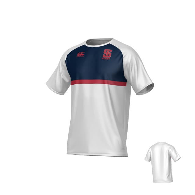 The Teamatical St. Ignatius Rugby Canterbury Legacy Performance Tee is a white short-sleeved jersey with a navy chest panel, red stripe, and red "SC Rugby" logo on the left chest; back is plain white.