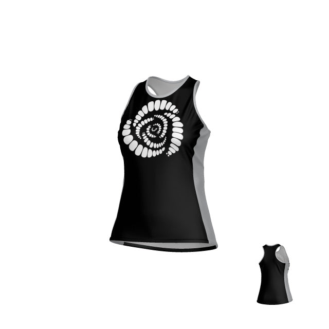 The Missoula All-Maggots Denver Tank - Womens by Teamatical features a sleeveless black and gray athletic design with a striking white spiral graphic on the front, displayed from both front and back views against a plain backdrop.