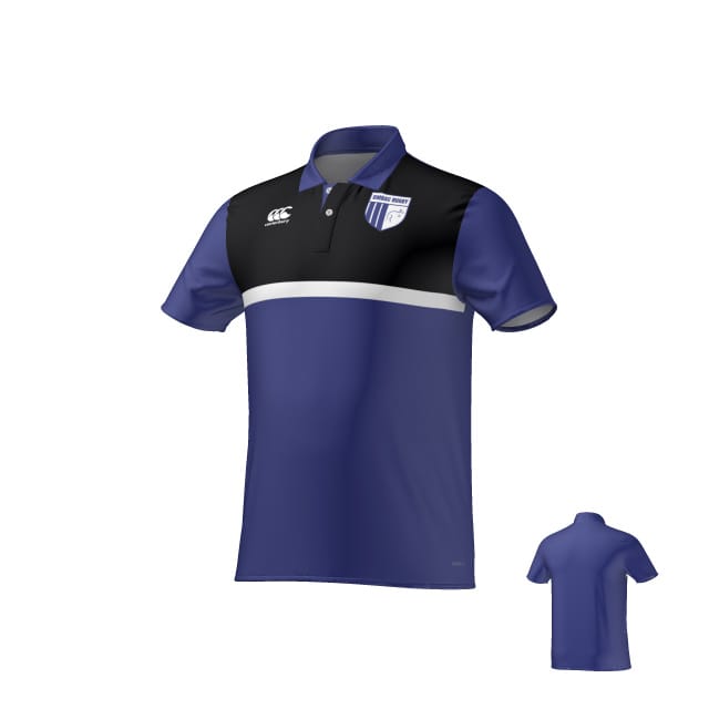 The Teamatical OMBAC Youth Rugby Canterbury Performance Polo features short sleeves, a black upper, white horizontal stripe, blue lower section, a left chest logo, and a white brand logo on the right chest.