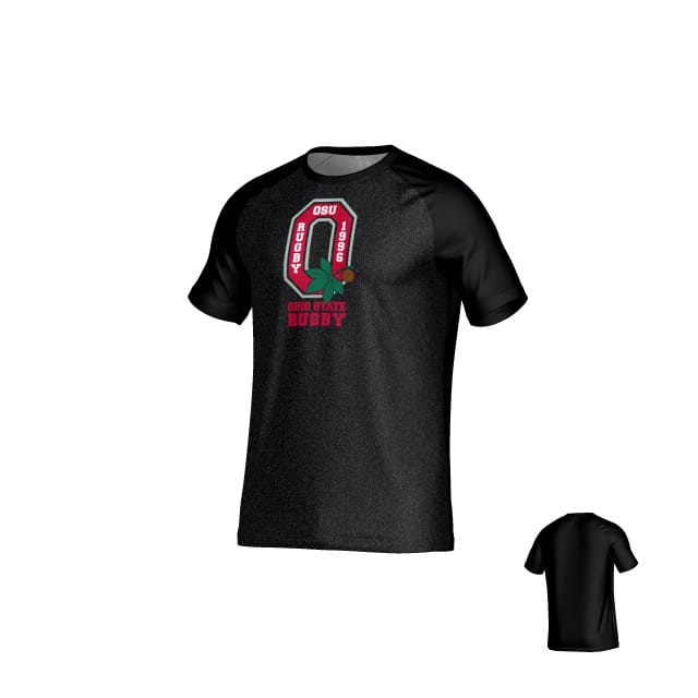 Stay cool in the Ohio State University Alumni DNA Crew Performance Tee by Teamatical. This black short-sleeve features a bold red "O" logo, OSU text, buckeye leaf, and "Ohio State Rugby" on front; plain back and moisture-wicking fabric.