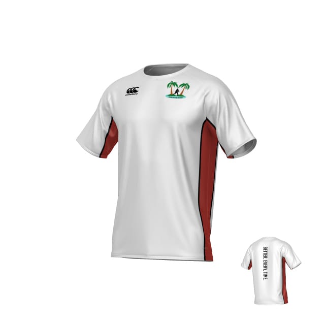 The Teamatical Twin Island Rugby Canterbury Kirra Performance Tee - Red is a white short-sleeve athletic shirt with red side panels, a palm tree logo on the chest, and "BETTER EVERY TIME." text on the back.