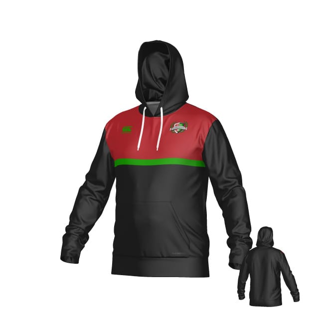 The NOVA Barbarians Canterbury Legacy Training Hoodie by Teamatical features a black design with red shoulders, a green chest stripe, white drawstrings, a small left-chest logo, and a plain black back (shown in rear inset).