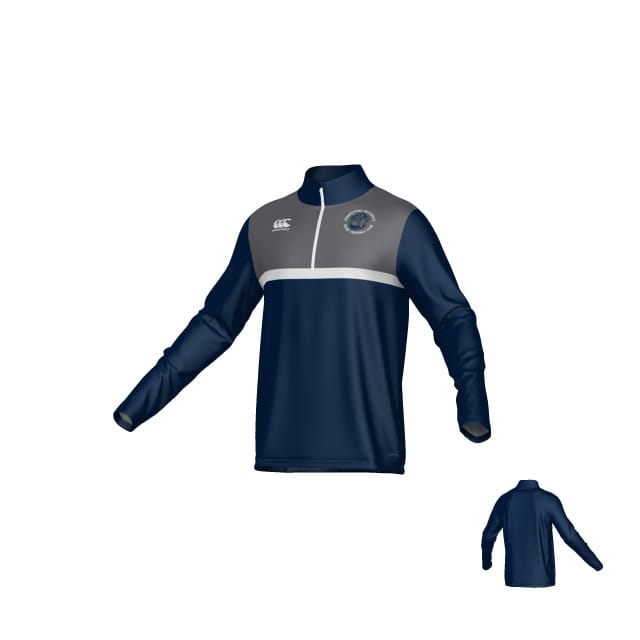 The Teamatical Georgetown University RFC Canterbury Legacy Midlayer 1/4 Zip features navy and gray colors, a long-sleeve design with quarter-zip collar, and team logo on the chest, shown from front and back.
