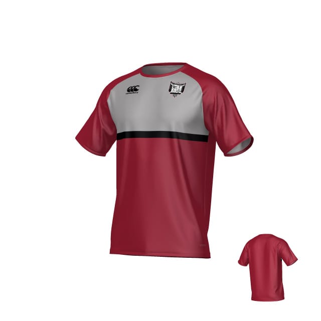 The Teamatical Troy University Canterbury Legacy Performance Tee features a short-sleeved design with a maroon lower half, gray upper panel, black chest stripe, and front logos; the back is solid maroon.
