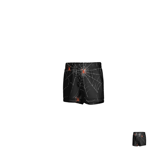 The Teamatical WRS YOUTH PRO SHORT - SPIDERWEBS are black youth rugby-style shorts featuring a striking white spider web pattern with red spiders, complete with convenient pockets and showcased against a plain white background.