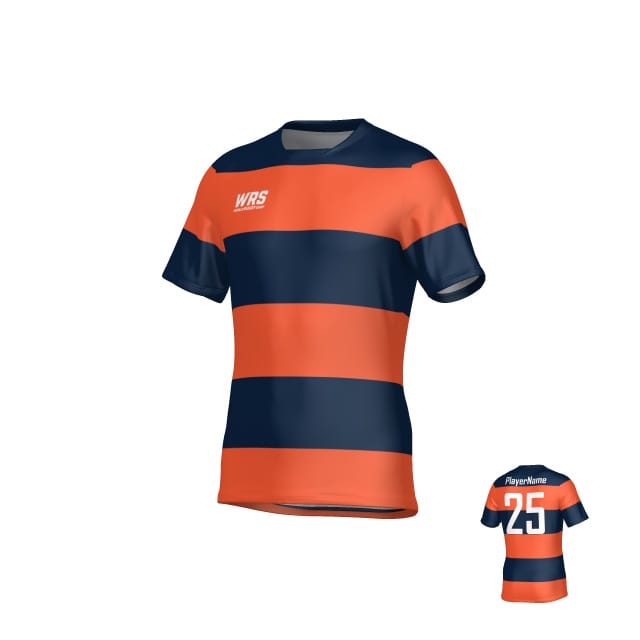 The Teamatical WRS MENS PRO JERSEY - CLASSIC HOOP is a short-sleeve athletic jersey featuring wide horizontal navy blue and orange stripes, the "WRS" logo on the front, and number 25 with placeholder text on the back.