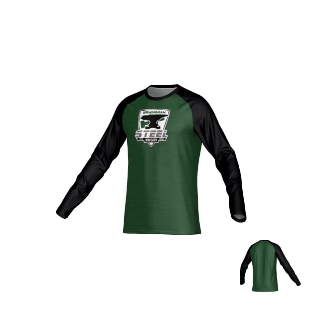 The Teamatical Birmingham Steel DNA Sydney LS Crew Tee features green and black long sleeves, "Birmingham Steel Rugby" front logo, a solid green back with black sleeves, and moisture management for comfort during intense play.