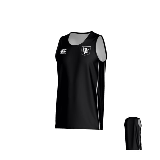 The Teamatical New Saint Andrews College Malta Canterbury Kirra Performance Singlet is a black sleeveless sports jersey featuring a white logo on the right chest and a badge on the left chest, displayed from both front and back angles against a white background.
