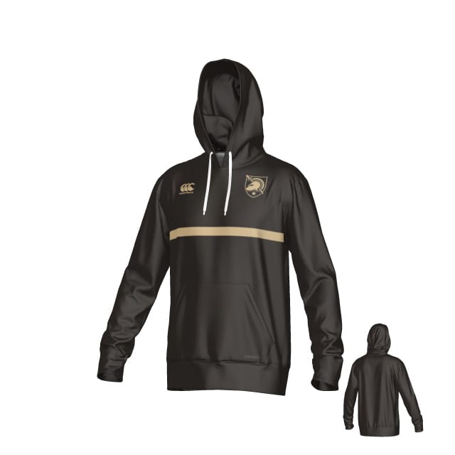 The Teamatical West Point Canterbury Legacy Training Hoodie features a black design with a gold horizontal chest stripe, white drawstrings, and a crest logo on the left chest. Back view included.