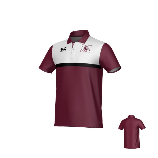Teamatical JS Morton High School Canterbury Legacy Performance Polo: maroon and white short-sleeve shirt with black horizontal stripe, collar, and "M" logo on left chest. Back view shown smaller.