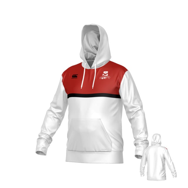The Alabama Rugby Alliance Canterbury Legacy Performance Hoodie by Teamatical features red shoulders, a black chest stripe, front pocket, and logos on both sides of the chest.