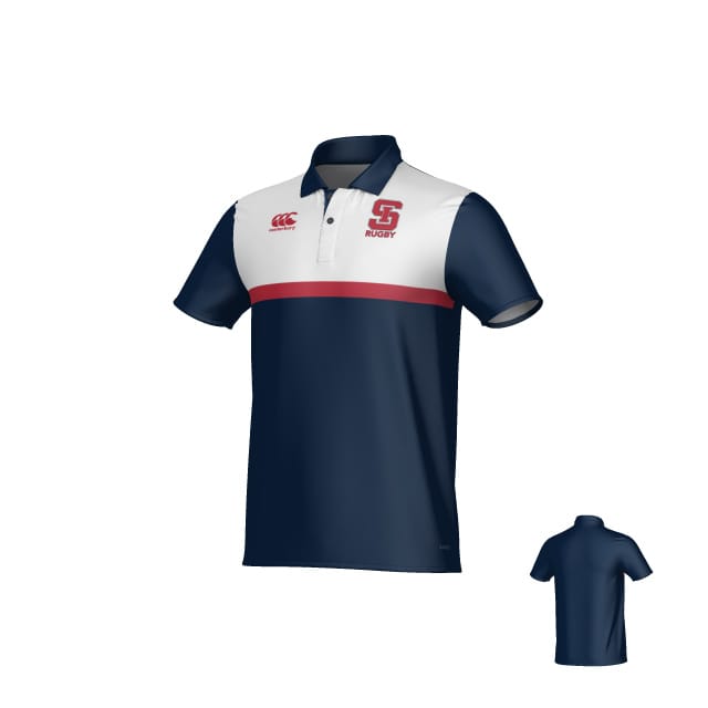 St. Ignatius Rugby Canterbury Legacy Performance Polo by Teamatical in navy with white shoulders, red chest stripe, and red "S Rugby" logo on left chest; back view featured in corner.