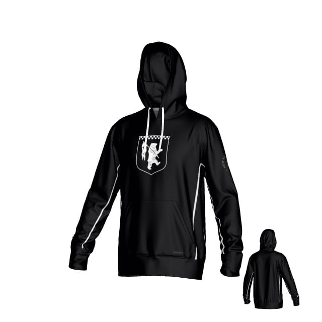 Teamatical New Saint Andrews College Malta Canterbury Kirra Performance Hoody in black, featuring white accents and a front crest logo with a rearing lion; plain back.