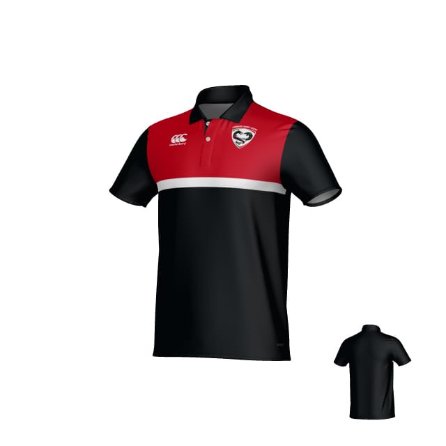 The Loudon Rugby Canterbury Legacy Performance Polo by Teamatical features short sleeves, a black lower half, red upper section, white horizontal stripe, buttoned collar, and a shield logo on the chest. Back view shown in corner.