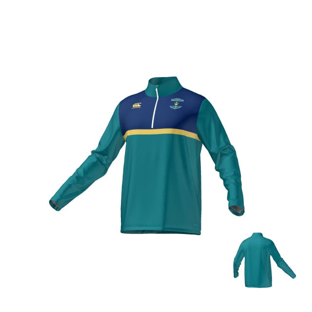 Teamatical UNCW Women's Rugby Canterbury Midlayer 1/4 zip features teal long sleeves, navy and yellow chest stripe, a quarter zip, small embroidered left chest emblem; rear view shown inset.