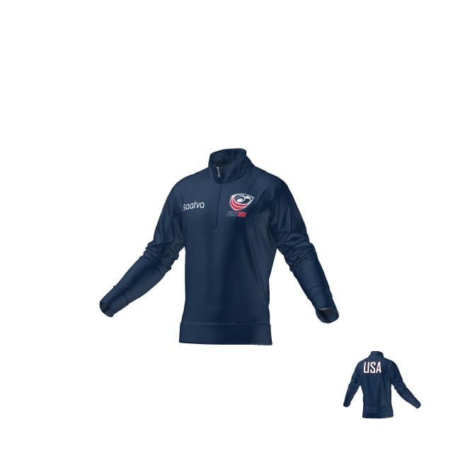 The Teamatical USAWR MIDLAYER 1/4 ZIP is a blue jacket featuring a logo.