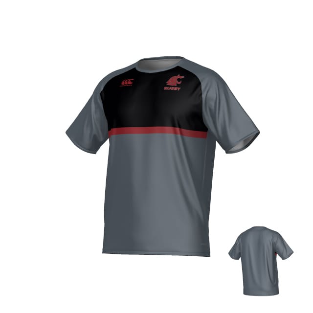 The Teamatical Washington State Rugby Canterbury Legacy Performance Tee features short sleeves, a black and gray color scheme with a red chest stripe, red front logos, and a solid gray back.