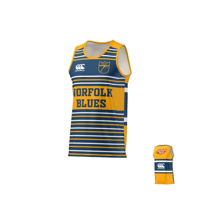 The Teamatical NORFOLK BLUES ECO-SUBLIMATE SINGLET-MENS is a sleeveless sports jersey with blue, white, and yellow horizontal stripes, "Norfolk Blues" text on the front, and chest and back logos.
