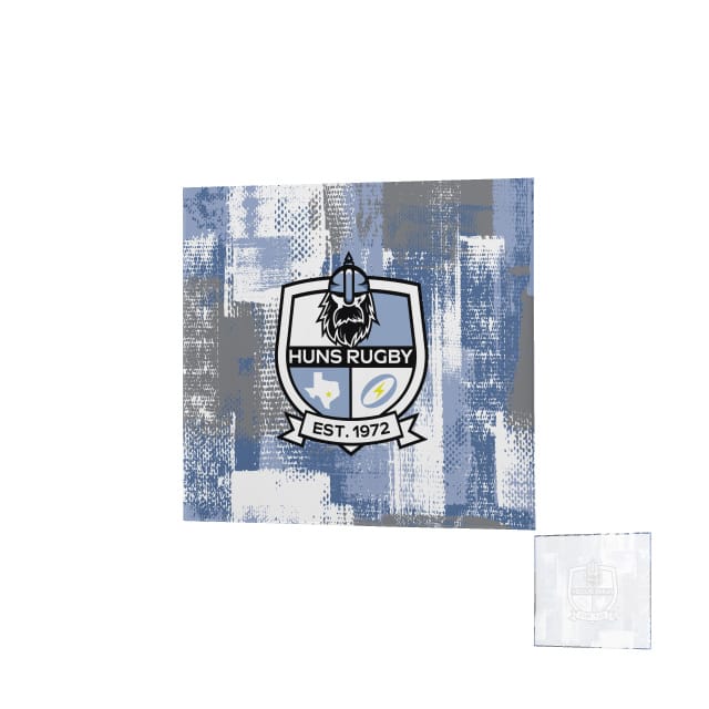 The image features the Austin Huns crest over a blue, gray, and white abstract background—ideal for the Teamatical Austin Huns DNA Denver Blanket, showcasing a helmeted figure and "EST. 1972" for rugby fans.