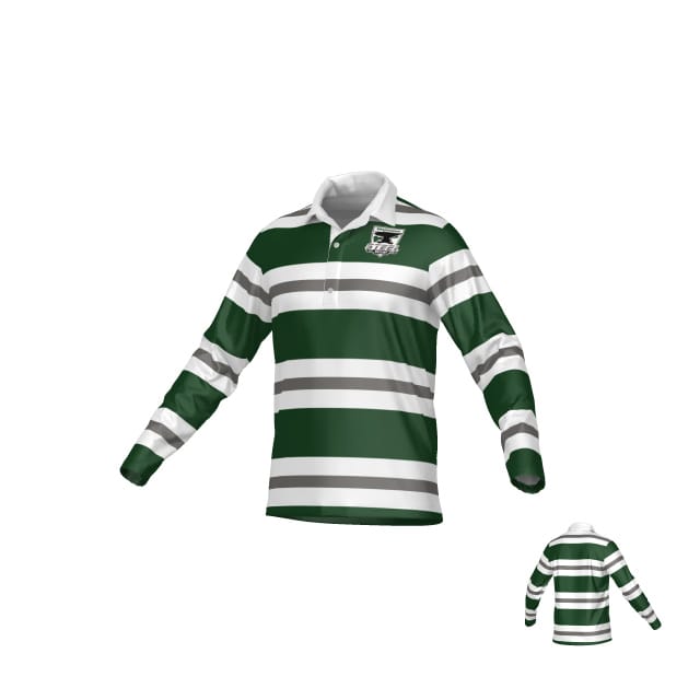 The Birmingham Steel DNA LS Pique Polo Shirt by Teamatical features green and white stripes, a white collar, and a crest on the left chest; rear view is shown in a smaller image.