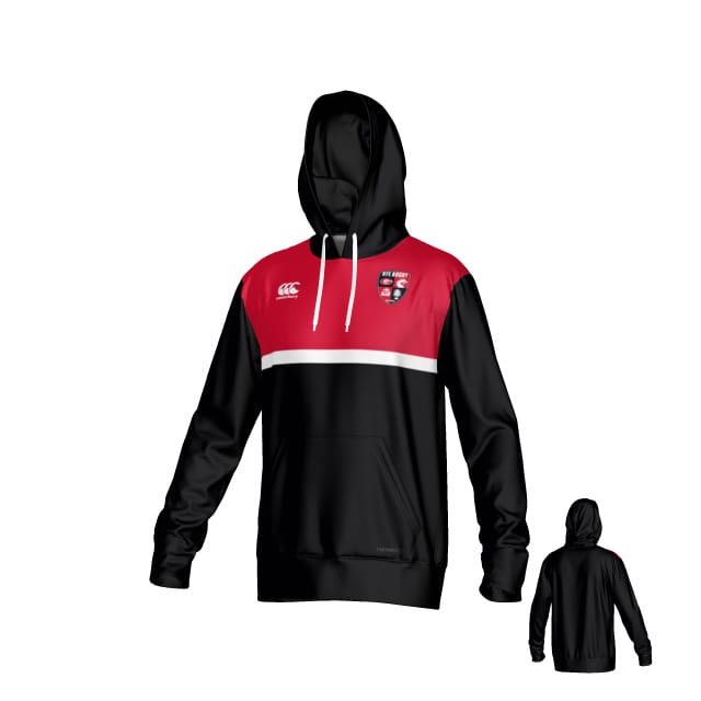 The Rye High School Canterbury Legacy Training Hoodie by Teamatical features black and red colors, a white chest stripe, front pocket, crest logo on the left chest, and shows both front and back views.