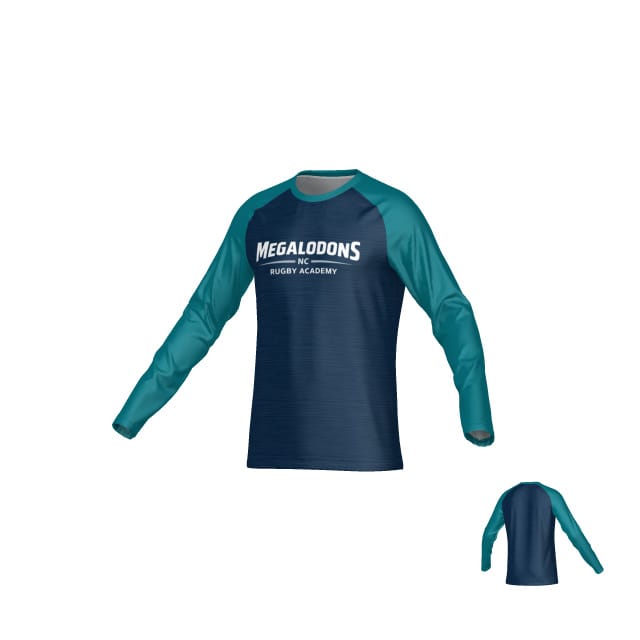 The Teamatical NC Megalodons DNA Sydney LS Crew Tee features teal sleeves, a navy blue body, and "MEGALODONS RUGBY ACADEMY" on the front. This moisture-wicking tee offers UPF 50 protection—ideal for active days.