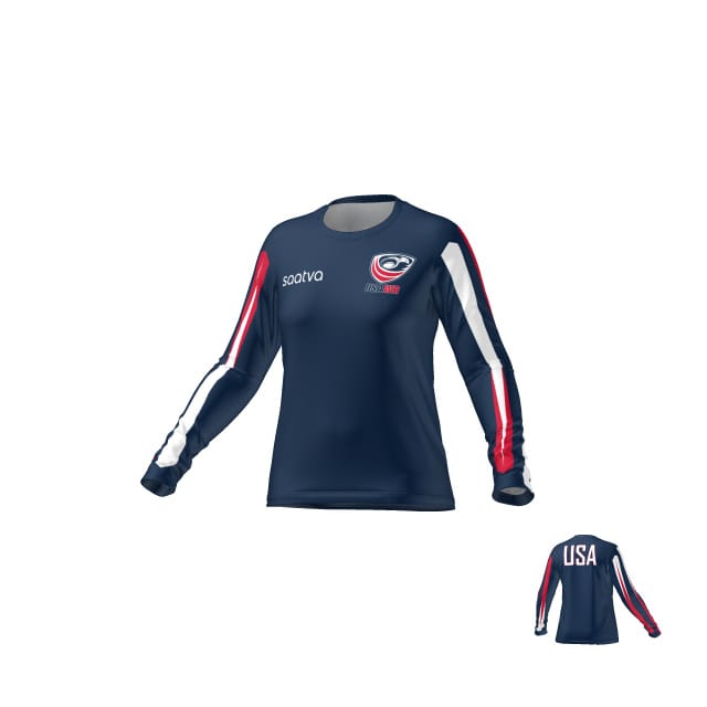 The Teamatical USAWR LS TRAINING TEE - WMNS is a dark blue long-sleeve top featuring red, white, and blue sleeve stripes, a team logo on the front, and "USA" printed on the back.