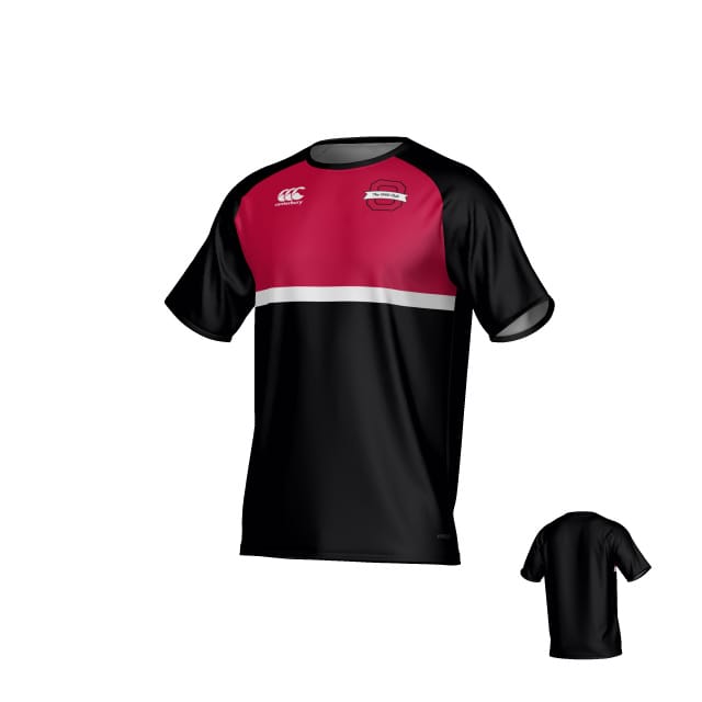 Teamatical Ohio State University Alumni Canterbury Legacy Performance Tee—black and red short-sleeve jersey with a white chest stripe, logo on left chest, plus smaller rear view displayed in bottom right.