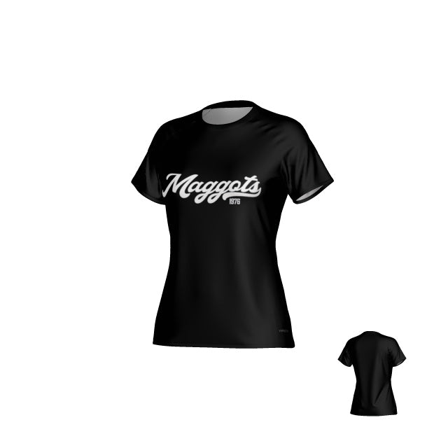 The Teamatical Missoula All-Maggots Womens Eco-Sublmate Tee is a black short-sleeve t-shirt featuring "Maggots" and "1976" printed in white cursive on the front, with a plain back.