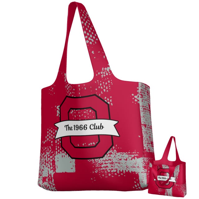 The Teamatical Ohio State University Alumni DNA Packable Zip Tote features a bold red design with a large stylized “O,” a white “The 1966 Club” banner, and a gray distressed pattern for classic alumni style.