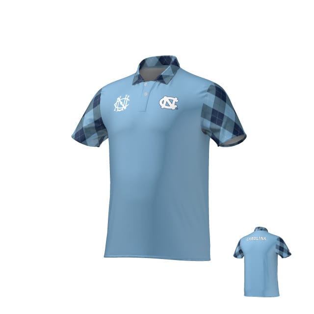 The UNC Rugby Canterbury Performance Polo by Teamatical features a light blue body, plaid-patterned sleeves and collar, two white logos on the front, and "CAROLINA" text across the upper back.